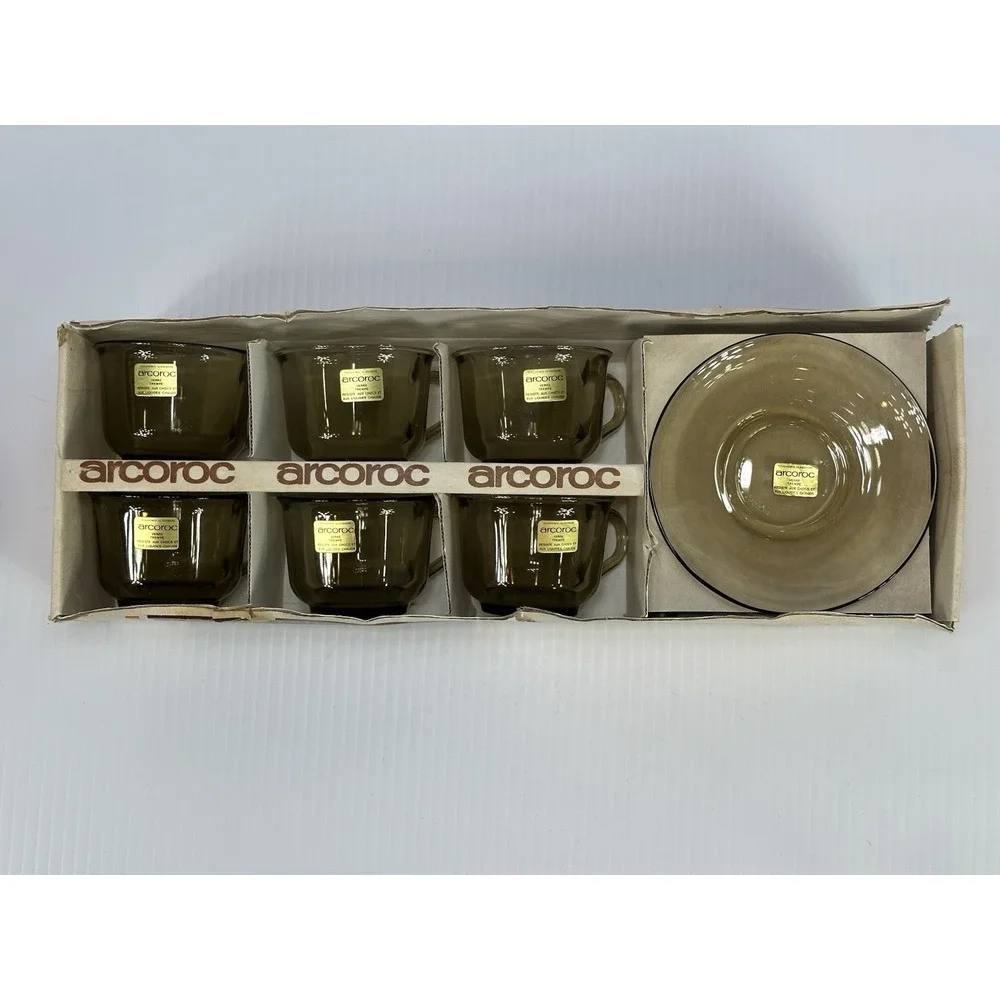 Vintage Arcoroc Smoked Glass (6) Cups & Saucers Set New In Original Box‎ 12 Pc